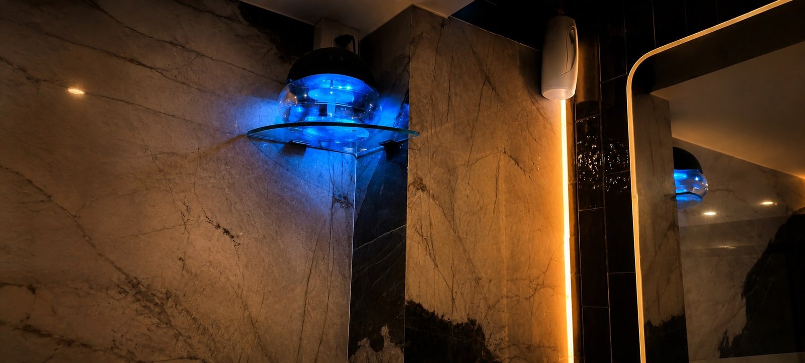 Marble and warm lighting in a Vox Talkies lobby